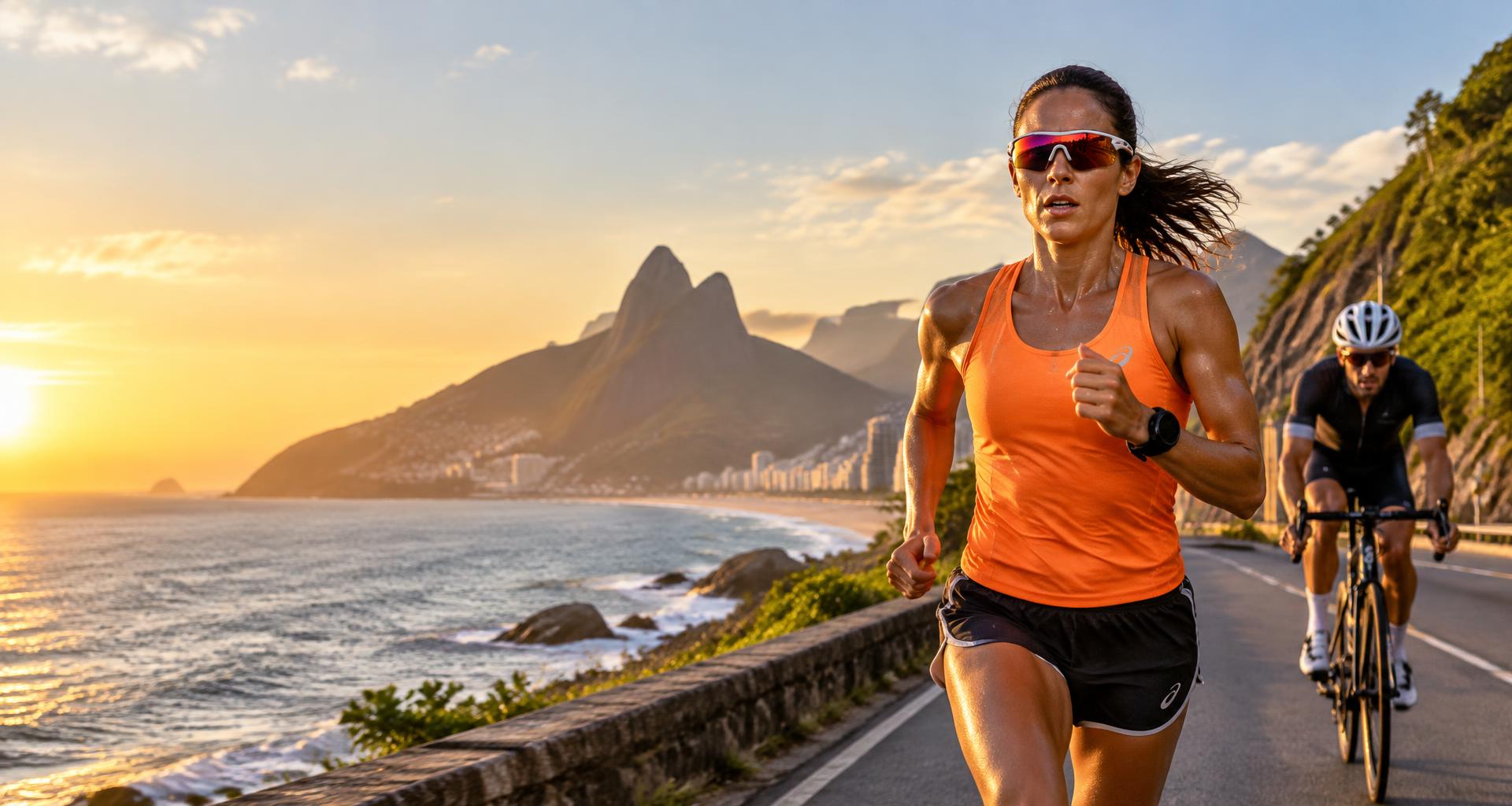 Corredora e ciclista treinando na orla ao pôr do sol